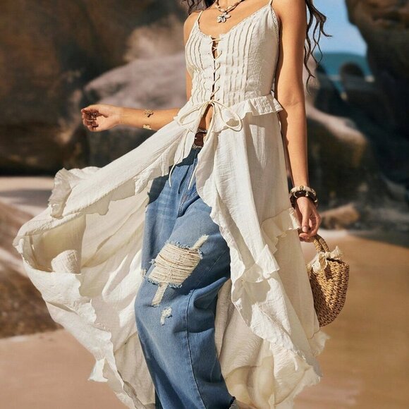 Boho Women's Bohemian Style Vacation V-Neck Semi-Sheer Cami long top - Picture 1 of 8